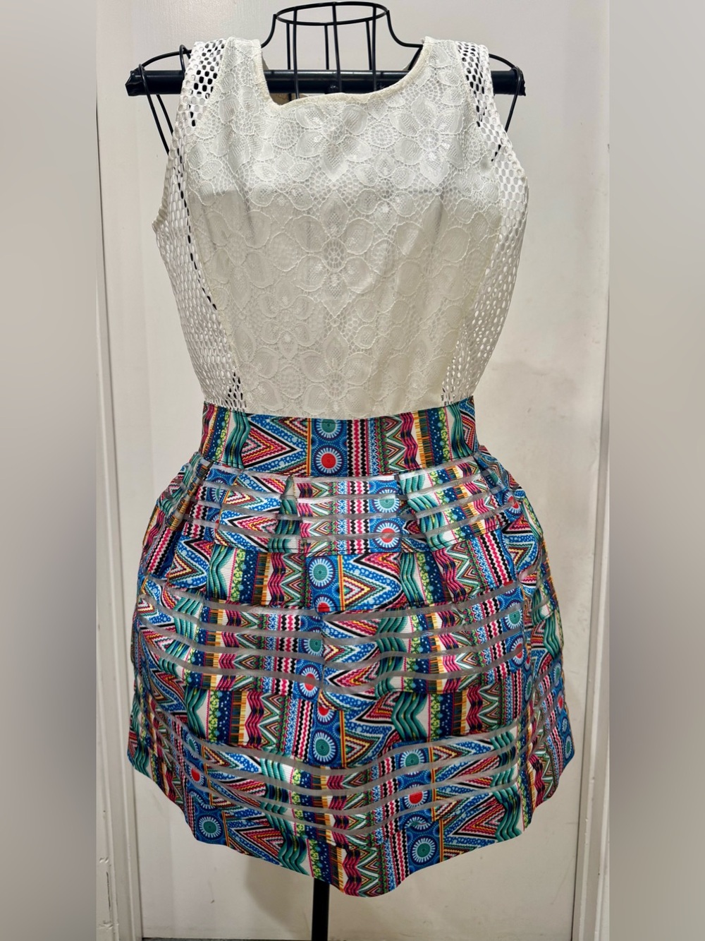 Neslay Designer-White Lace Top with Multicolor Aztec Print Skirt